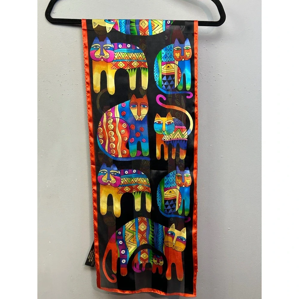Laurel Burch Scarf Women OS Multicolor Silk Cat Art Whimsical Folk Art Rectangle